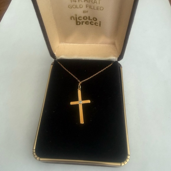 14K Gold Filled Nicolo Brecci Gold Cross with Real Diamond Necklace - Picture 4 of 8